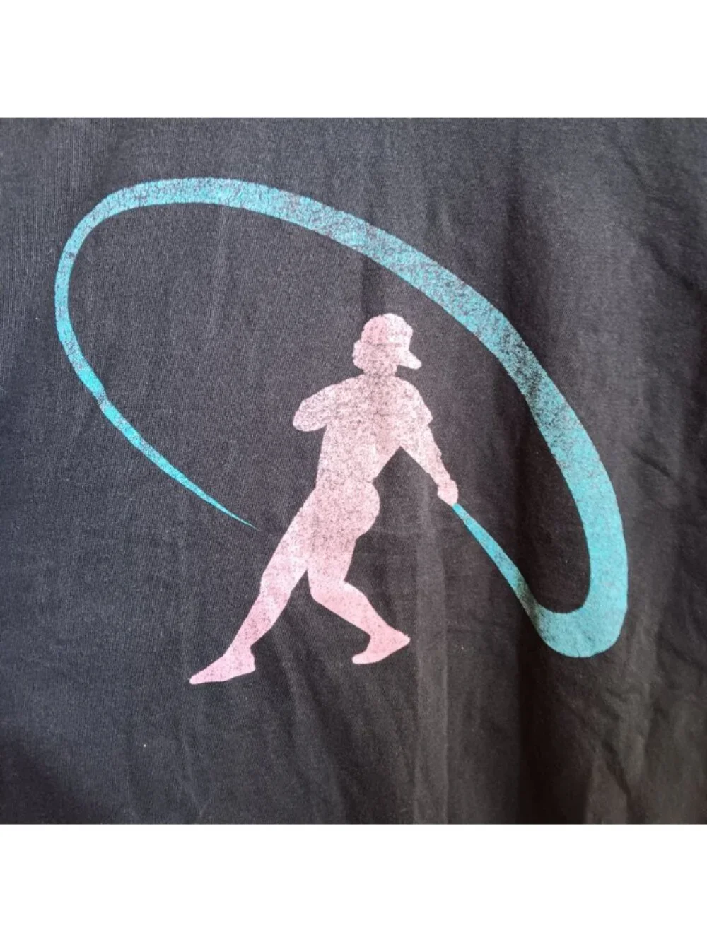 Large Faded Nike Black T-Shirt Pink & Blue Baseball Player Print Large